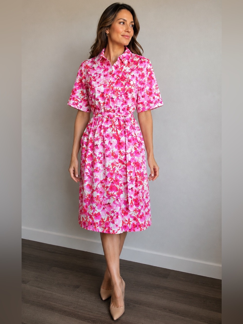NWT DKNY Pink Floral Cotton Shirt Dress Size 8